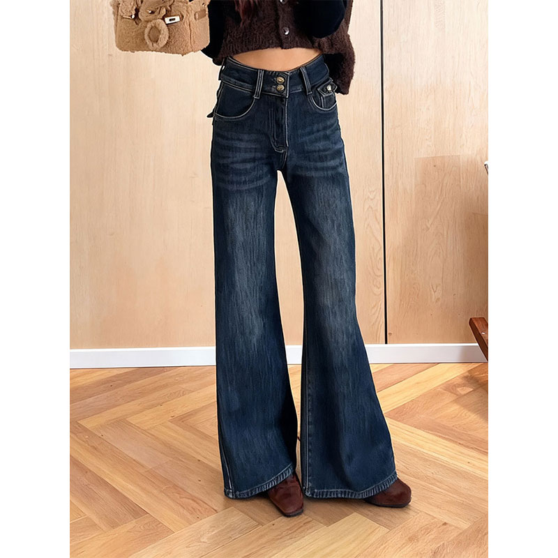 复古港风高腰牛仔微喇裤女时尚