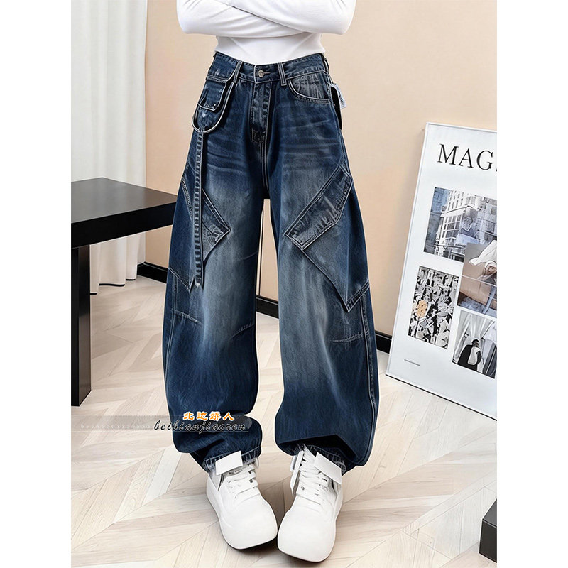 美式复古工装牛仔裤女2026春季新款高腰宽松显瘦多口袋阔腿弯刀裤,女装/女士精品,大码裤装,淘宝优惠券,粉丝福利购,淘宝优惠卷