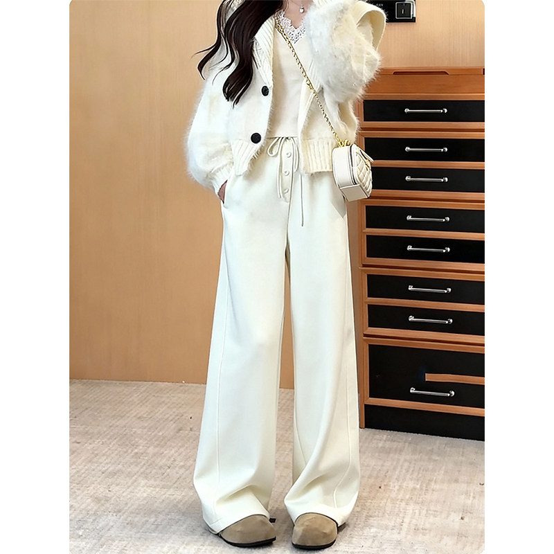 加厚2025秋冬时尚百搭慵懒风高腰阔腿裤女大码显瘦垂感白色休闲裤,女装/女士精品,大码裤装,淘宝优惠券,粉丝福利购,淘宝优惠卷