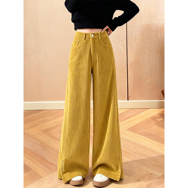 加厚黄色洗水灯芯绒开叉休闲裤女