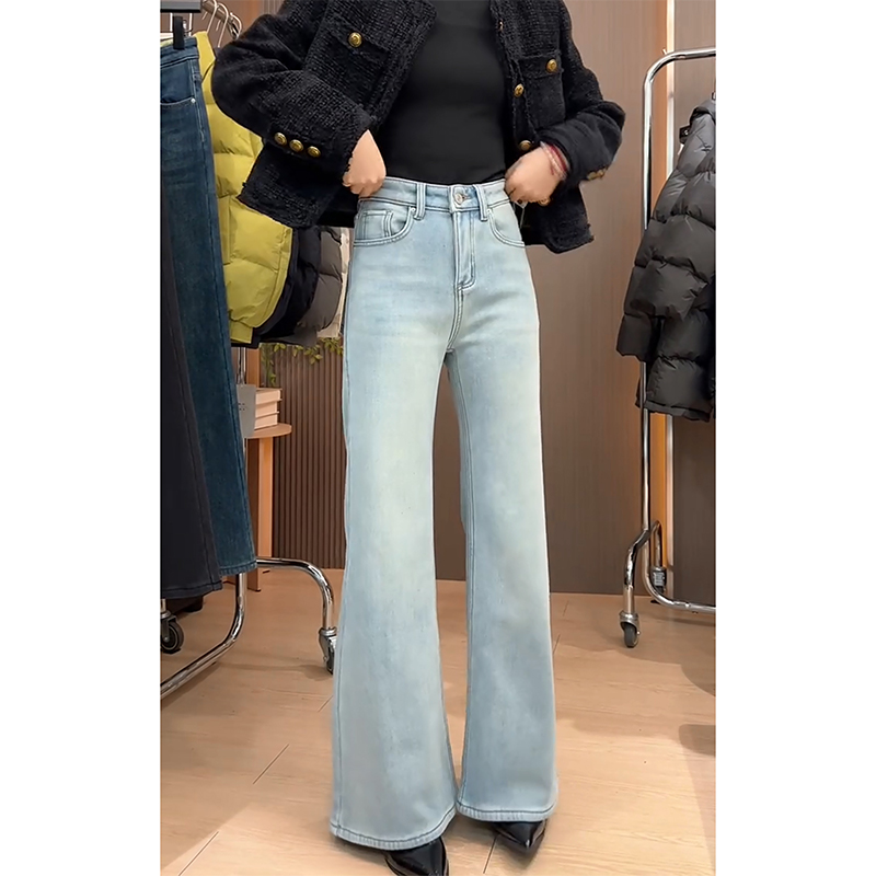 加绒浅蓝高腰显瘦微喇牛仔裤女