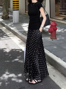 黑色波点半身裙女小众时尚中长裙