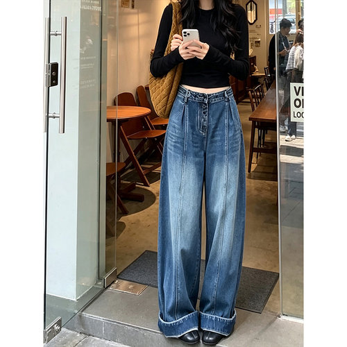 美式复古蓝高腰显瘦阔腿牛仔裤女
