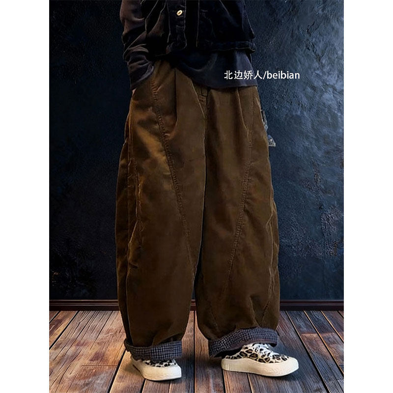 美式复古灯芯绒工装阔腿裤女2026早春大码宽松显瘦百搭卷边休闲裤,女装/女士精品,大码裤装,淘宝优惠券,粉丝福利购,淘宝优惠卷