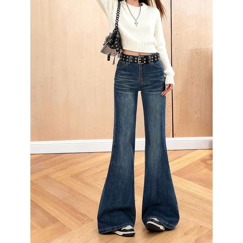 复古时尚港风高腰微喇牛仔裤女