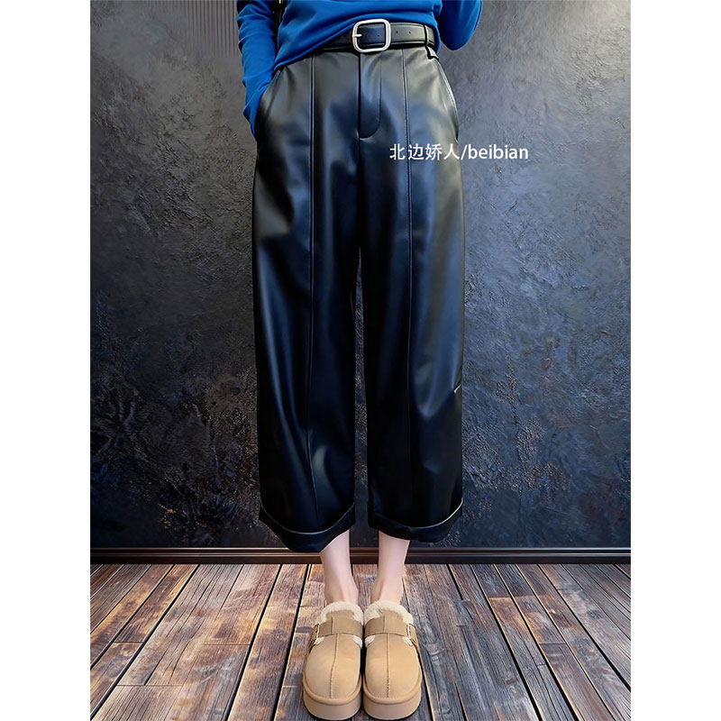 韩版时尚简约黑色PU皮阔腿裤女2026早春高级感洋气显瘦百搭休闲裤,女装/女士精品,大码裤装,淘宝优惠券,粉丝福利购,淘宝优惠卷