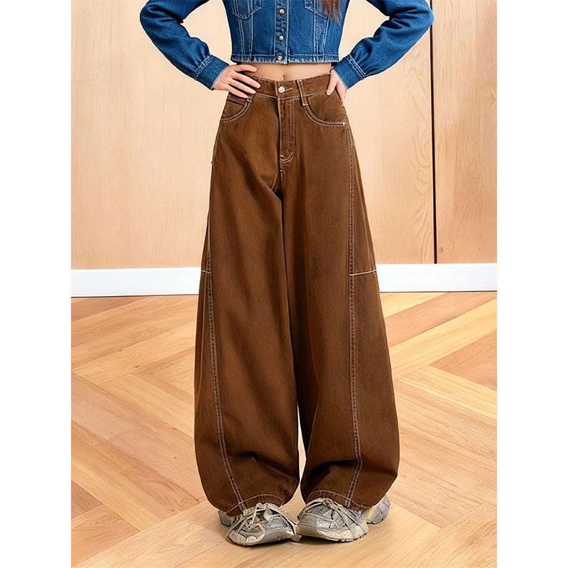 弯刀牛仔裤女高腰阔腿裤宽松显瘦