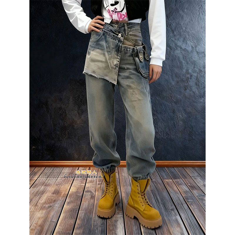 港风复古假两件做旧牛仔裤女2026早春时尚潮流百搭显瘦束脚九分裤,女装/女士精品,大码裤装,淘宝优惠券,粉丝福利购,淘宝优惠卷