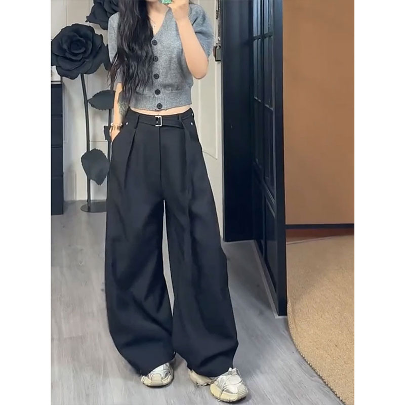 气质通勤风黑色高腰弯刀阔腿裤女