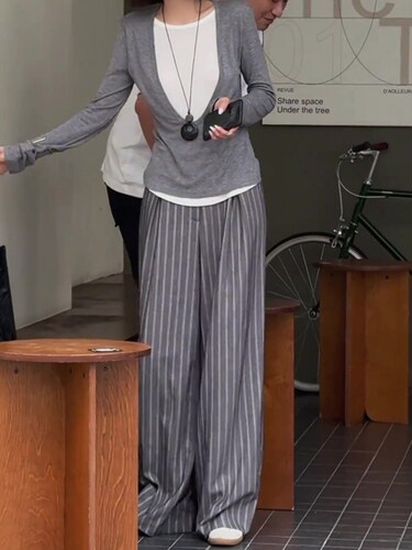 梨型身材宽松百搭条纹休闲裤女