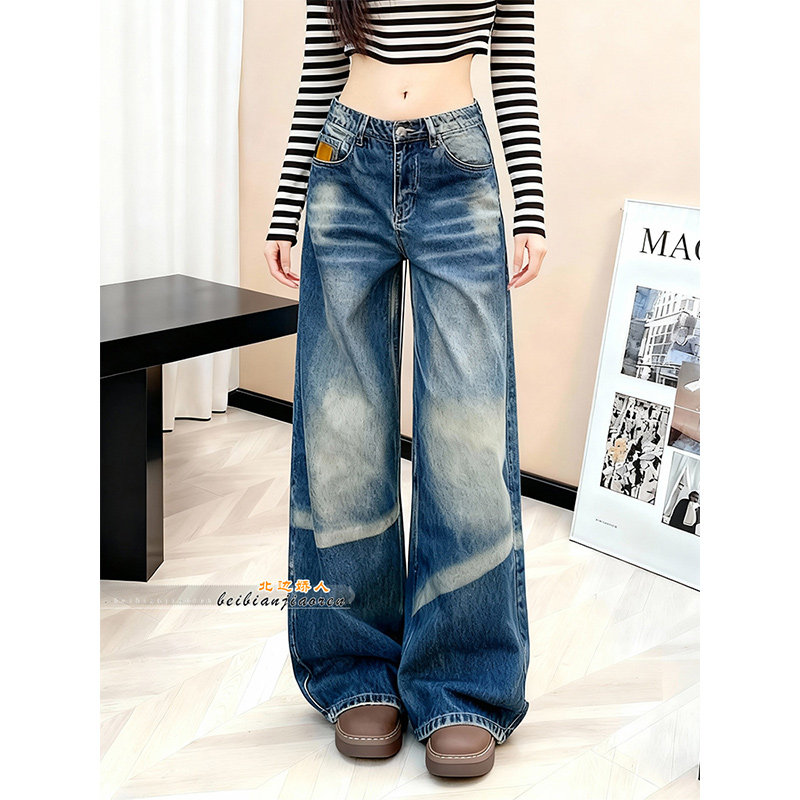 美式复古水洗阔腿牛仔裤女2026春季新款宽松显瘦设计感拖地直筒裤,女装/女士精品,大码裤装,淘宝优惠券,粉丝福利购,淘宝优惠卷