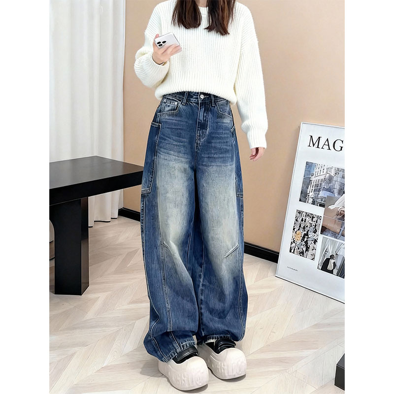 复古高腰阔腿牛仔裤女宽松显瘦