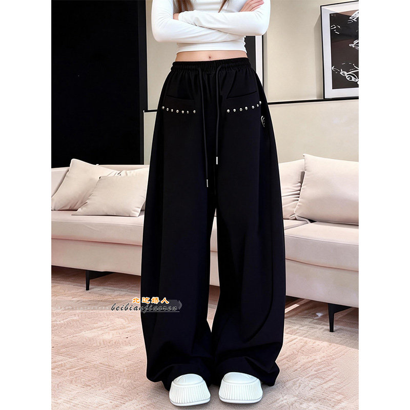 黑色抽绳铆钉弯刀阔腿裤女2026春季新款宽松显瘦高腰休闲运动长裤,女装/女士精品,大码裤装,淘宝优惠券,粉丝福利购,淘宝优惠卷