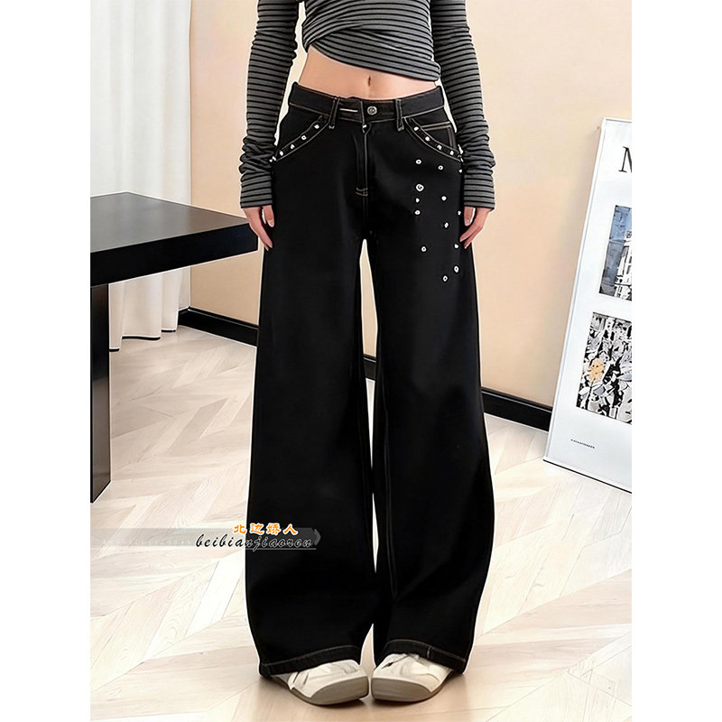 美式复古铆钉阔腿裤牛仔女2026春季新款高腰宽松显瘦慵懒风直筒裤,女装/女士精品,大码裤装,淘宝优惠券,粉丝福利购,淘宝优惠卷