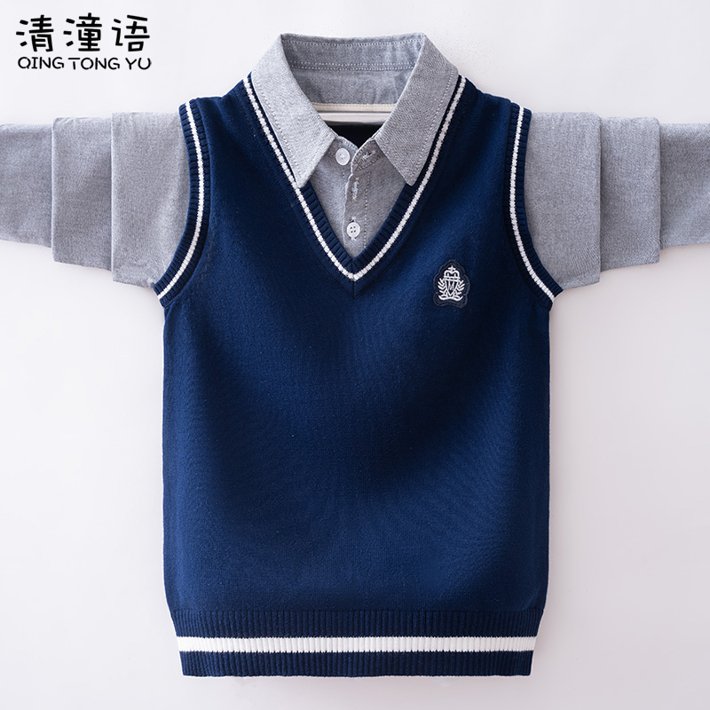 假两件衬衫领男孩打底学院风毛衣
