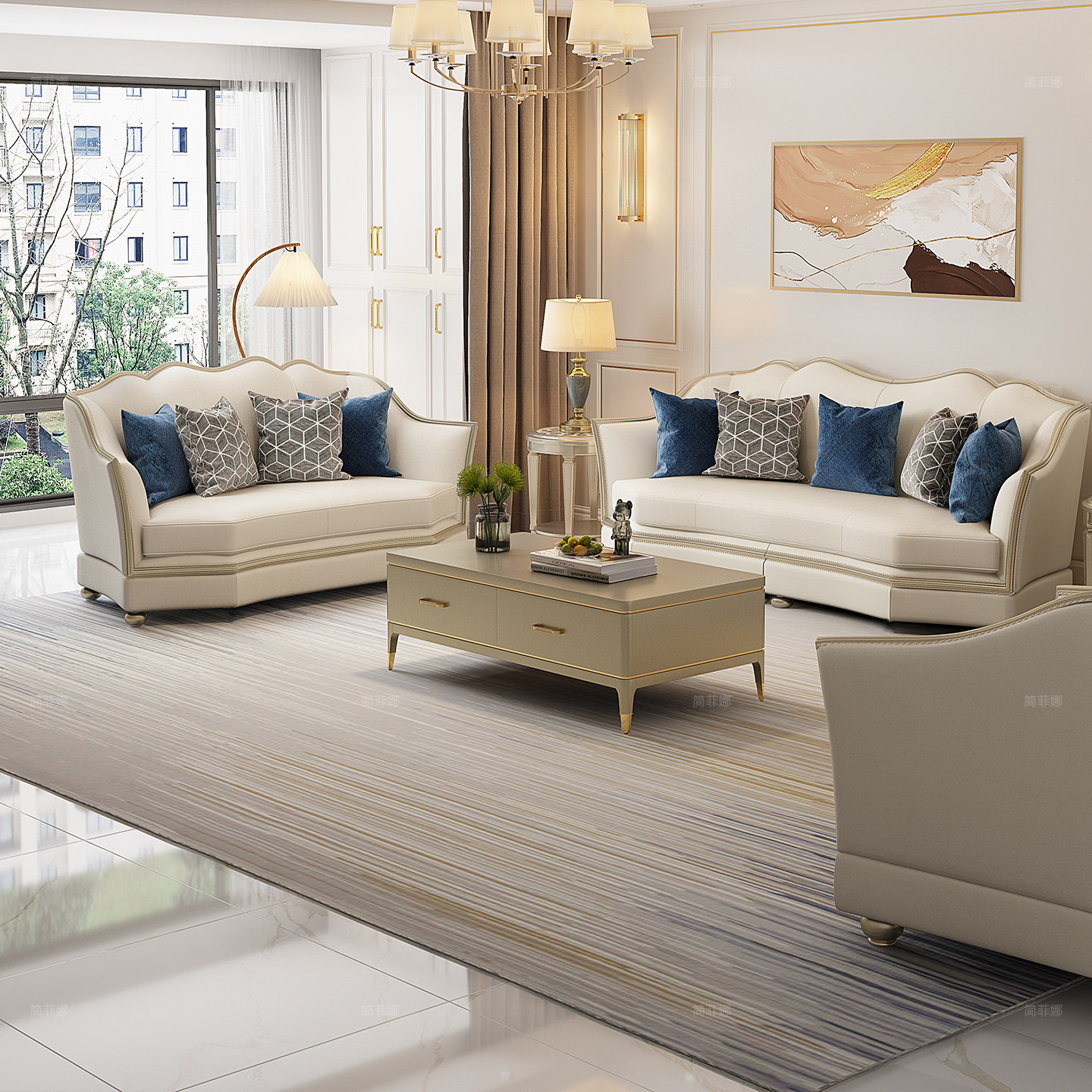 简菲娜轻奢美式爱丽丝花瓣实木沙发法式头层牛皮真皮沙发组合客厅