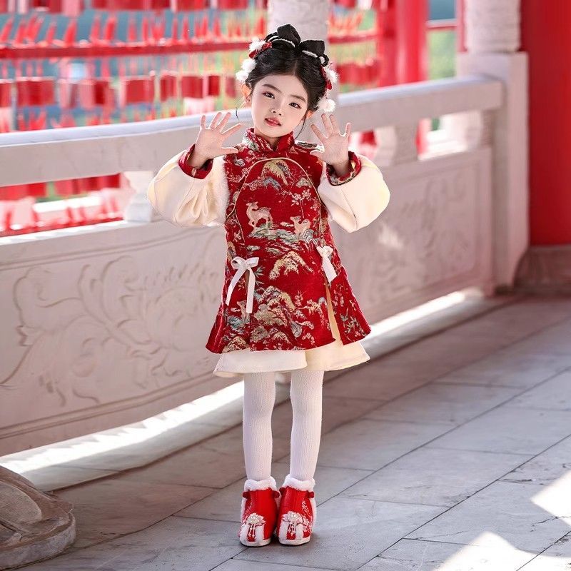 拜年服新款女童唐装汉服冬季新年过年服女宝宝抓周元旦儿童喜庆