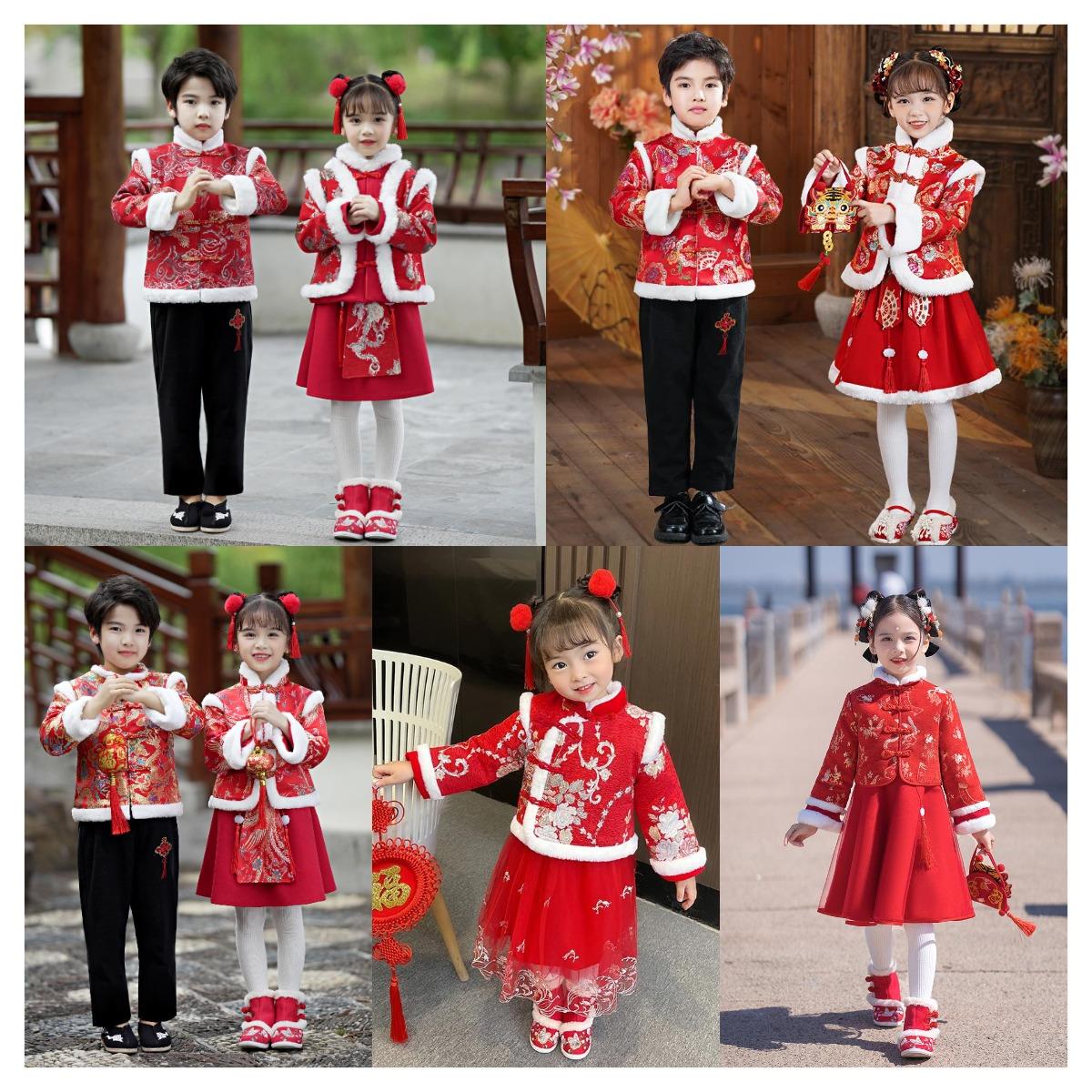 元旦儿童拜年服女童喜庆唐装汉服中国风幼儿园舞蹈服保暖加绒套装
