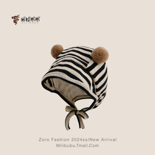 12个月超萌防风保暖包头帽 婴儿帽子秋冬款 条纹毛绒护耳帽宝宝3