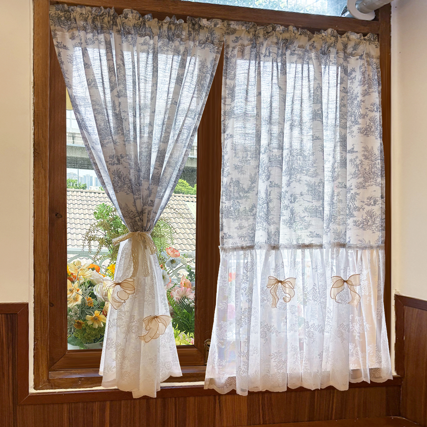 法式复古蕾丝纱帘碎花裙摆卧室飘窗小窗帘田园风门帘免打孔遮挡帘