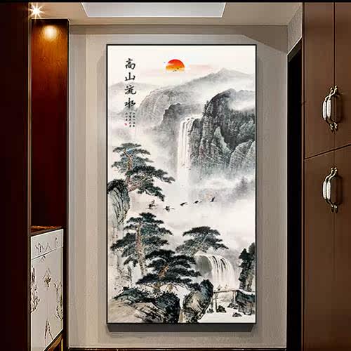 迎客松挂画新中式玄关装饰画竖版走廊过道入户客厅山水画轻奢壁