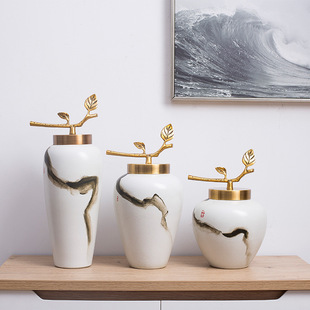 新中式手绘陶瓷花瓶带盖子铜器软装饰工艺品酒店摆设插干花器陶罐