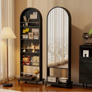 实木全身镜落地镜家用中古风入户门试衣镜收纳杂志架可移动穿衣镜