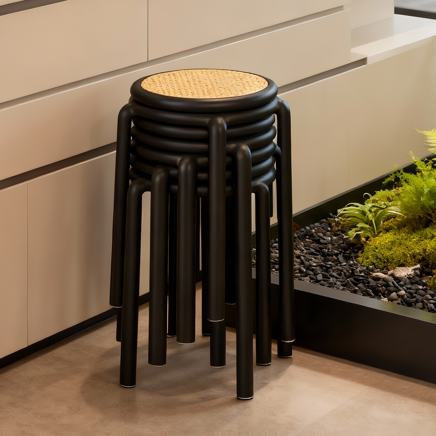 凳子家用加厚可叠放藤编圆凳中古风客厅备用简约结实耐用塑料板凳