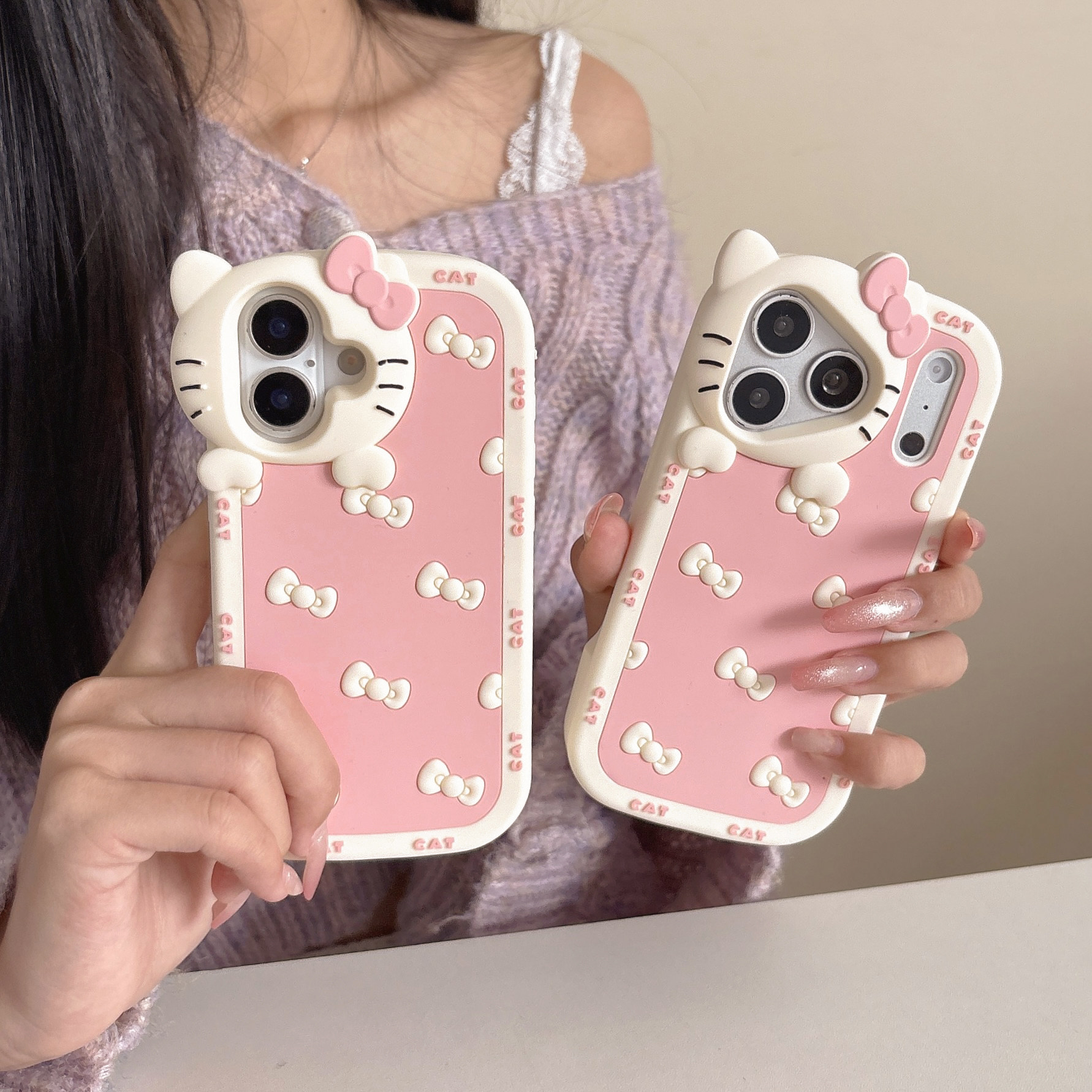 粉红蝴蝶结凯蒂猫立体公仔适用iPhone17ProMax手机壳防摔硅胶苹果16pro保护套个性时尚14/15PM软壳全包猫镜头