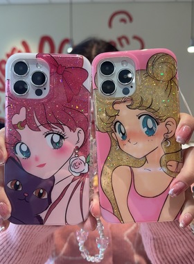 美少女战士水冰月蝴蝶结猫咪适用iPhone16promax手机壳可爱i15保护套不撞款卡通闪粉14Pro外壳17PM软壳二次元