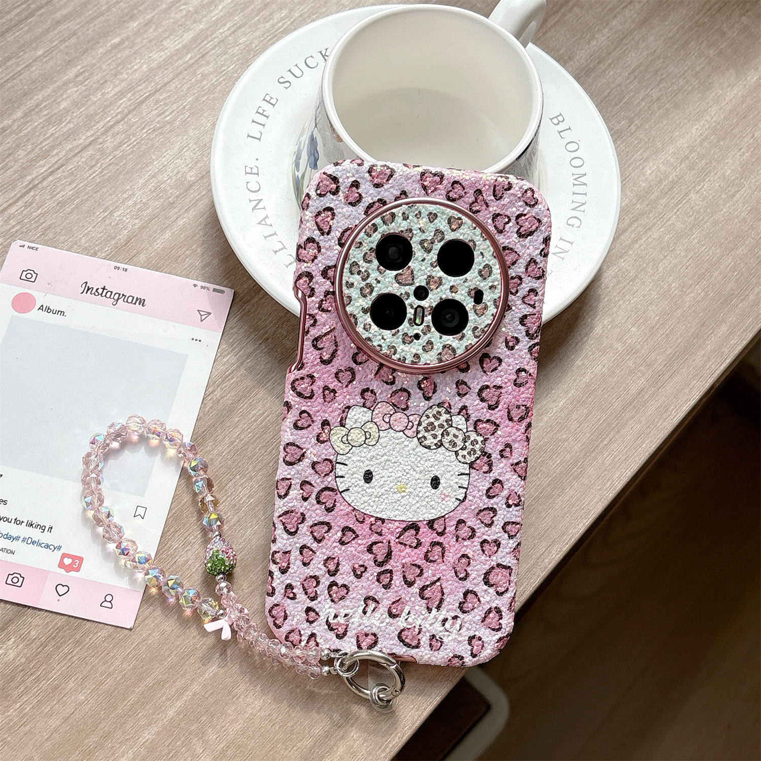 HelloKitty粉豹纹凯蒂猫卡通适用华为P80pro手机壳Mate60p防摔P70/80软壳可爱mate70pro贴皮外壳草莓水晶挂绳