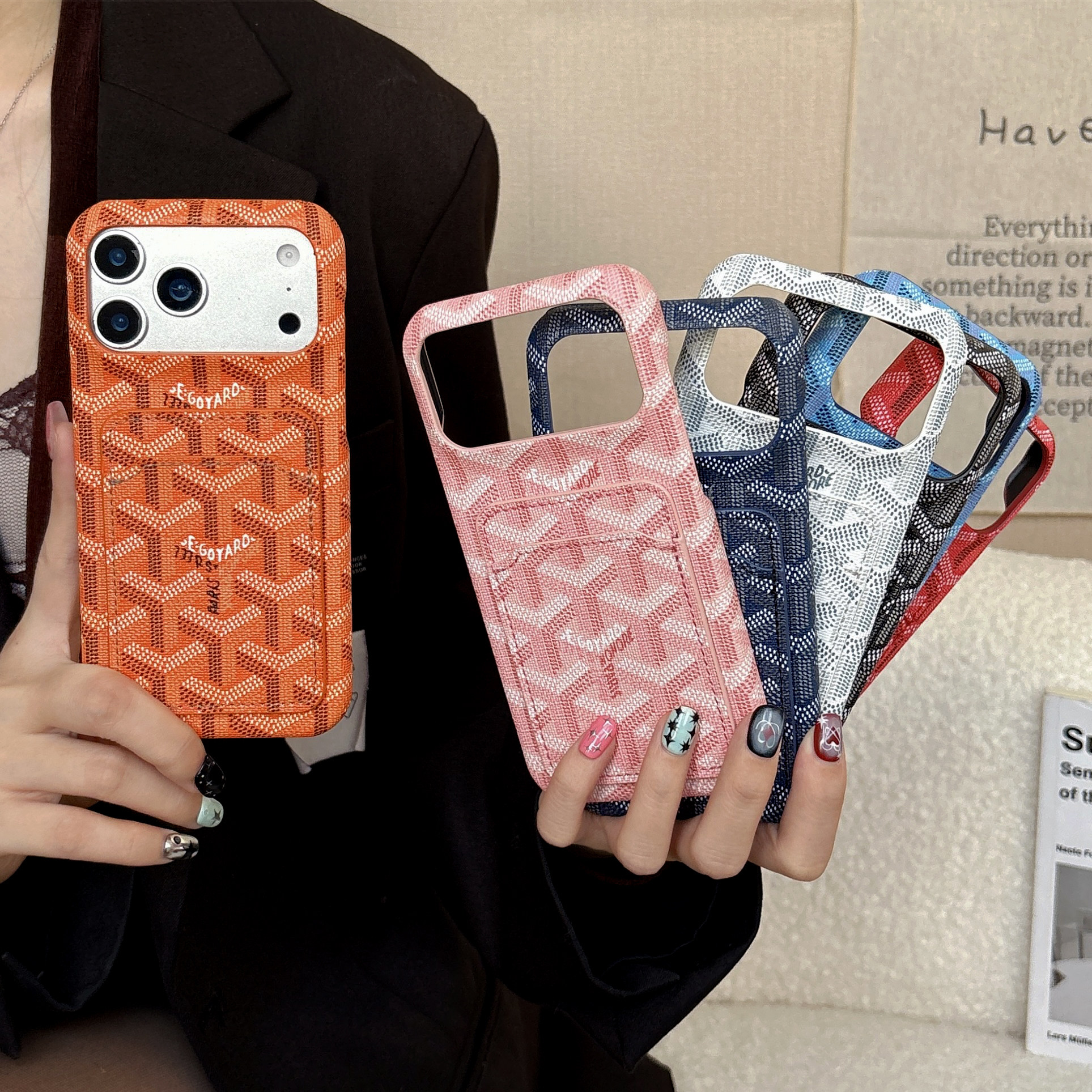 潮牌goyard狗牙戈雅插卡使用iPhone17ProMax手机壳苹果16pro外壳格纹压花15/14PM保护套小众潮流情侣款13皮革