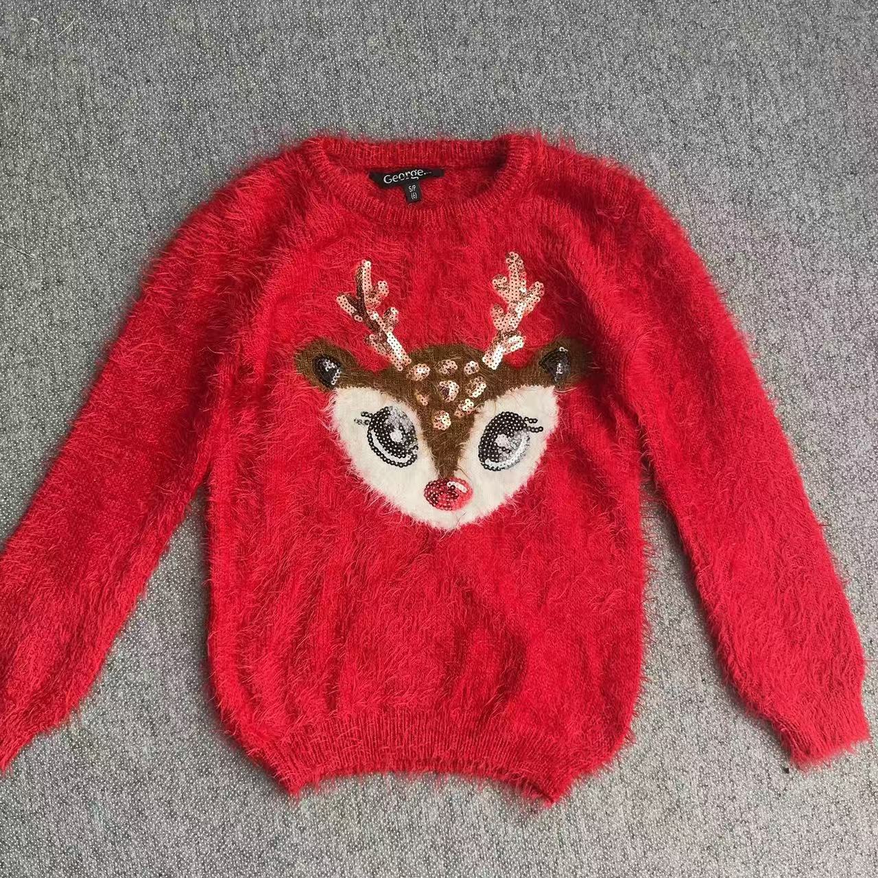 外单秋冬新款女童卡通麋鹿圣诞亮片马海毛时尚套头新年针织毛衣