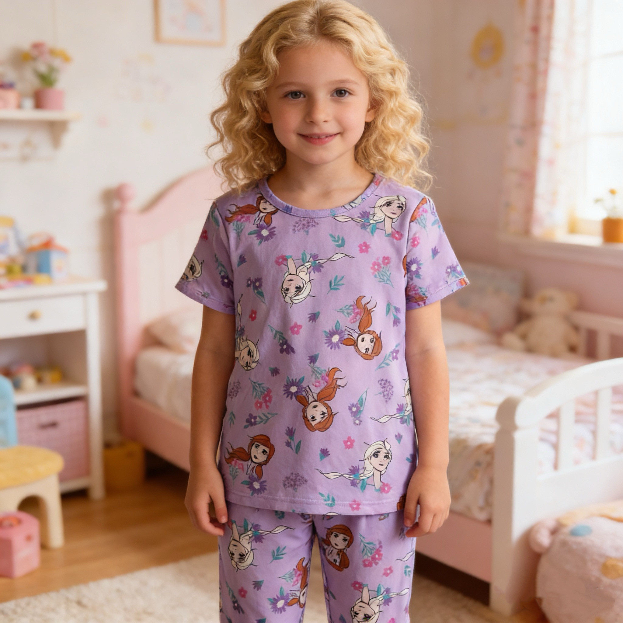 外单夏季新款卡通冰雪公主紫色柔软舒适睡衣短袖长裤家居服套装