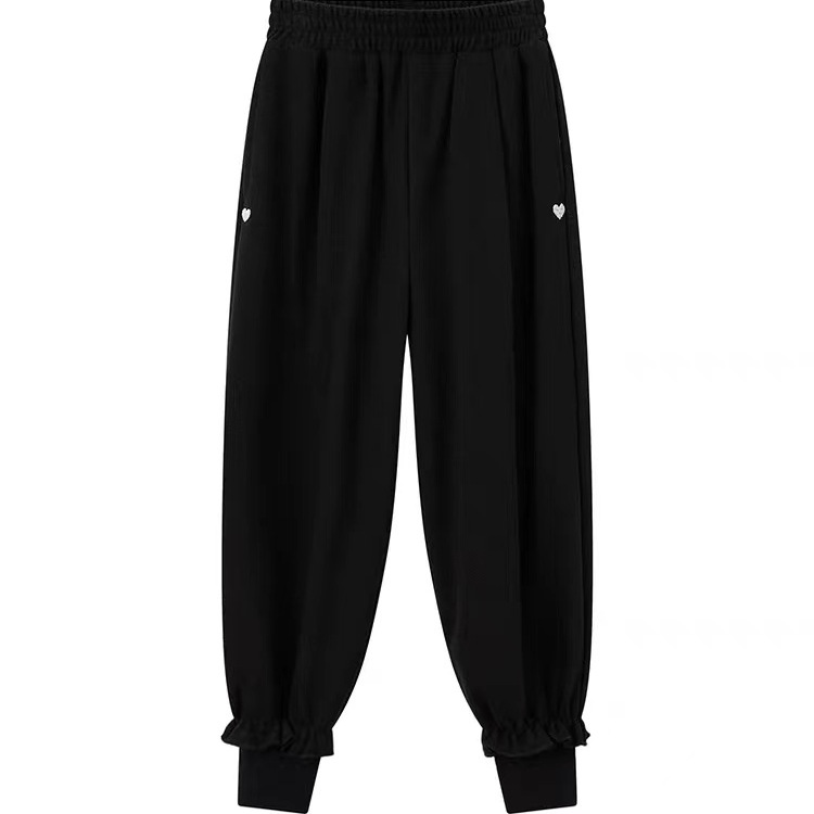 性价比高女童25秋季新款可爱爱心刺绣休闲木耳边束脚棉质长裤裤子