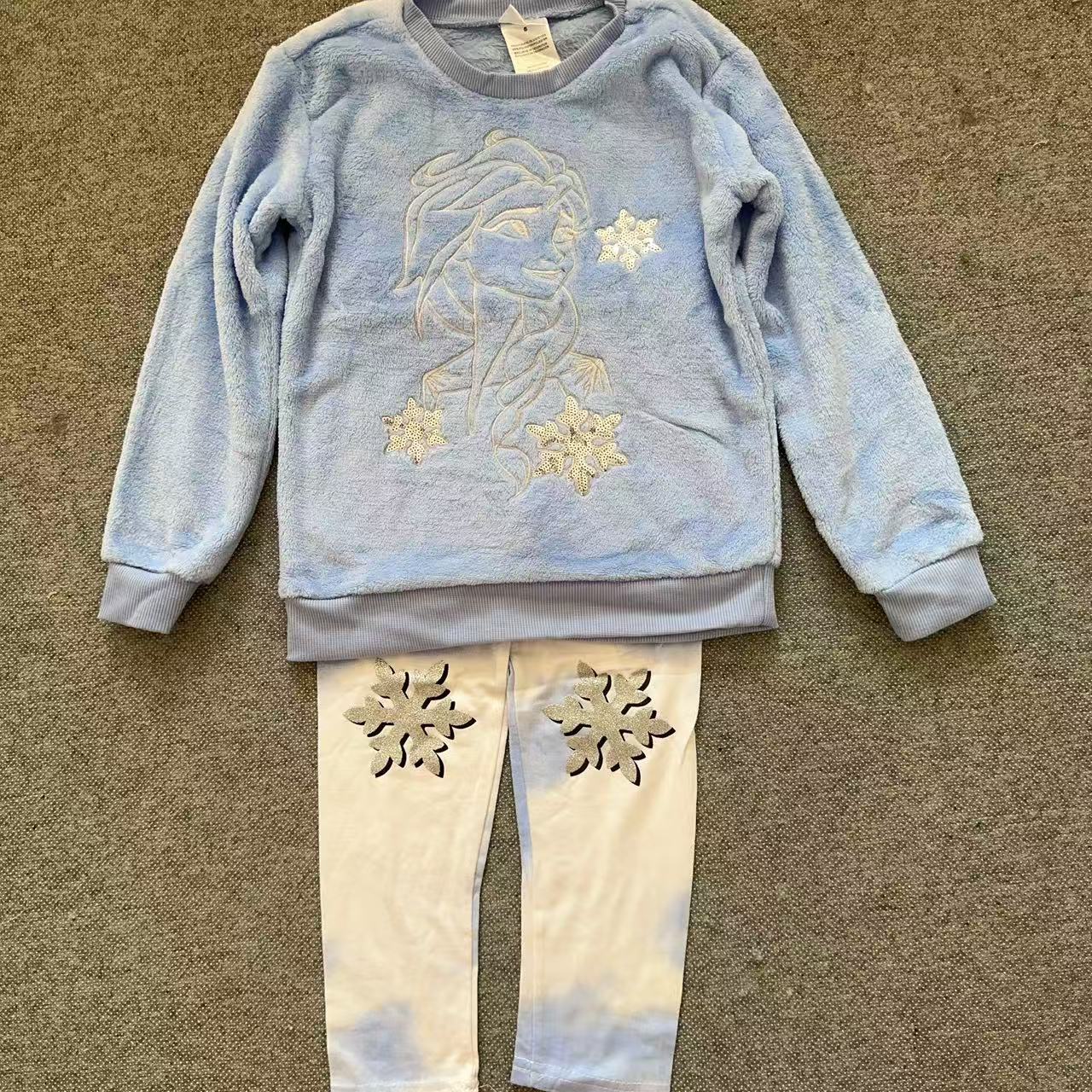 外单女童秋冬款冰雪公主款雪花珊瑚绒卫衣绒衫裤子两件套套装