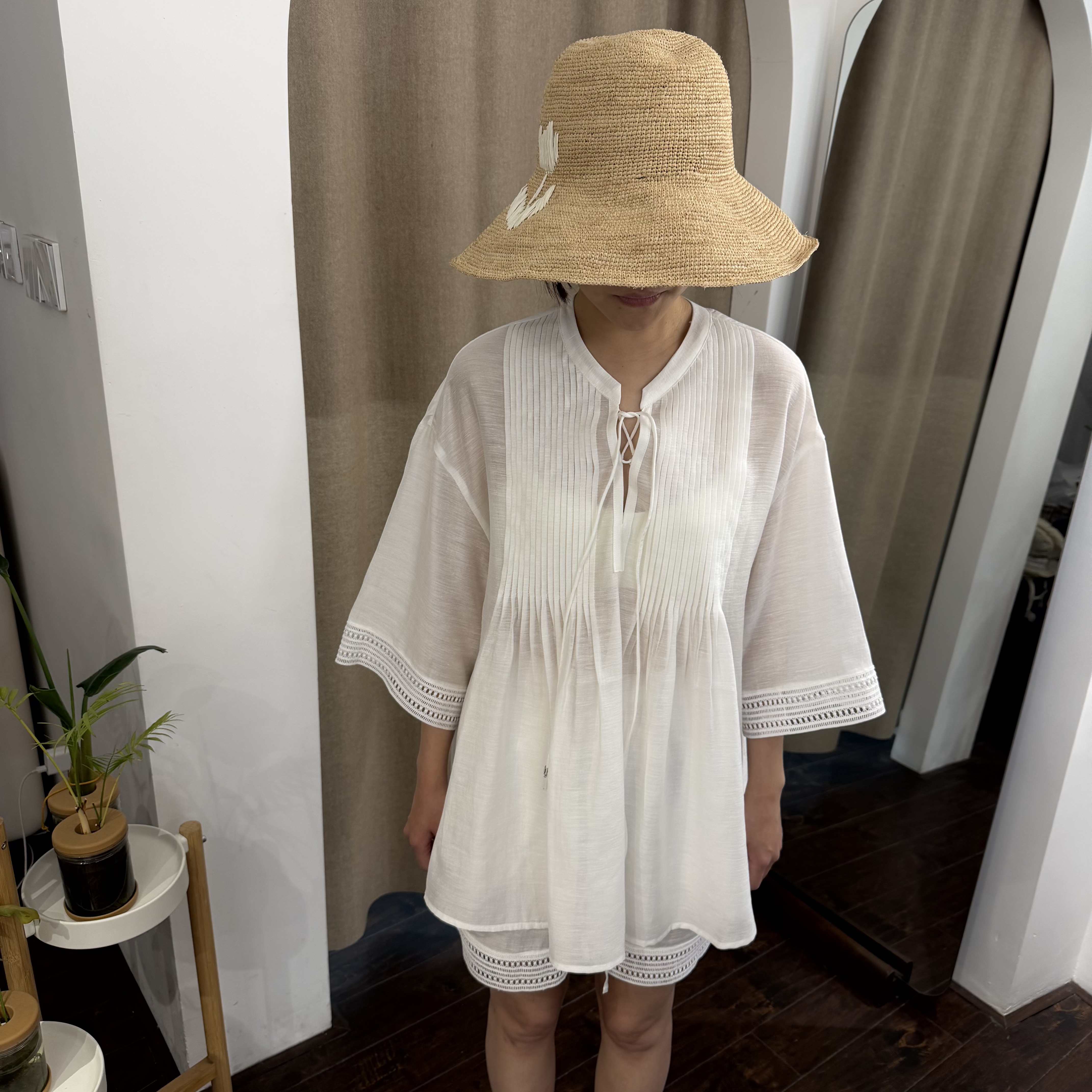 天丝醋酸混纺女夏季新款时尚宽松显瘦褶皱拼接花边七分袖上衣衬衫