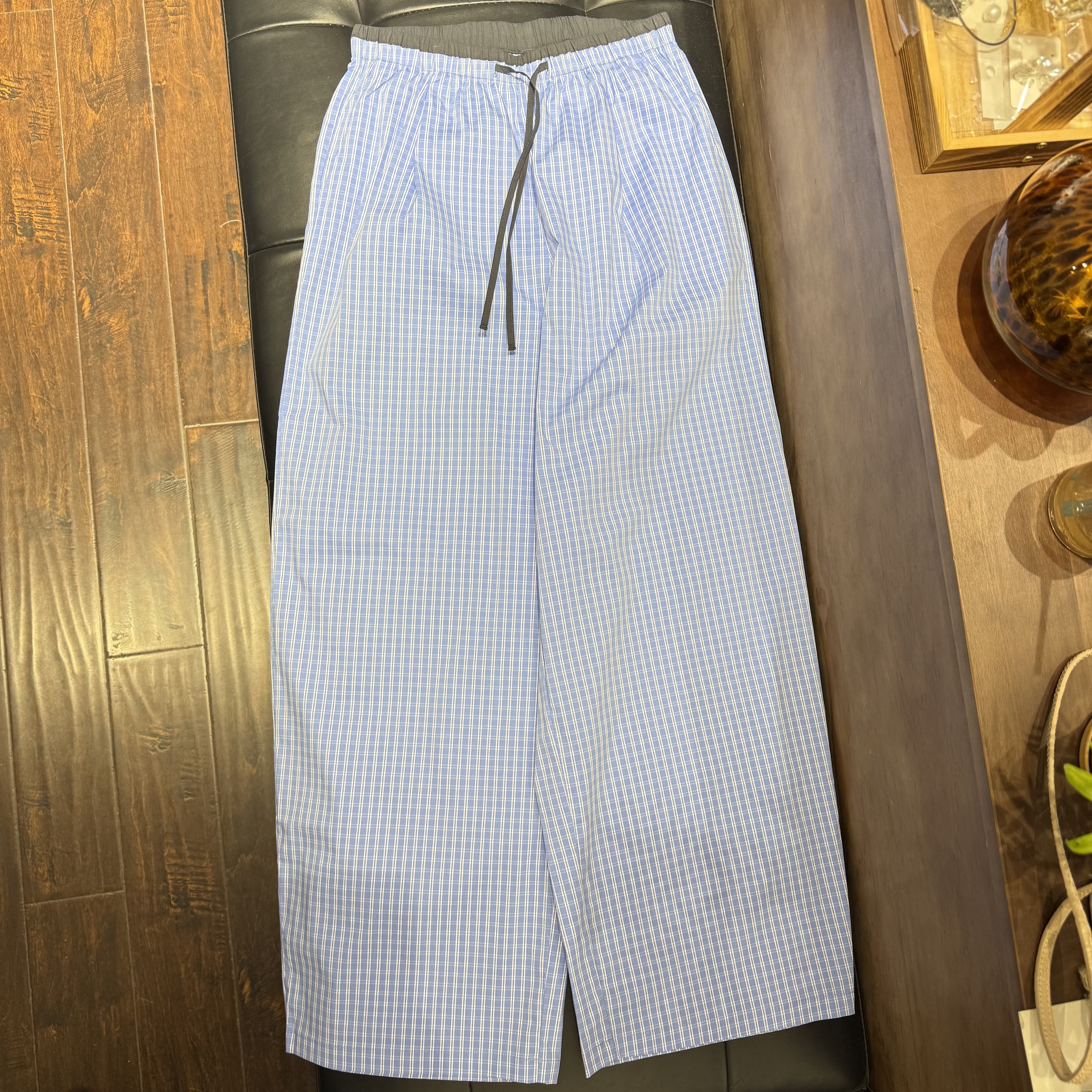 夏季女新款浅蓝格纹直筒百搭显瘦松紧腰撞色摇头抽绳条纹休闲裤