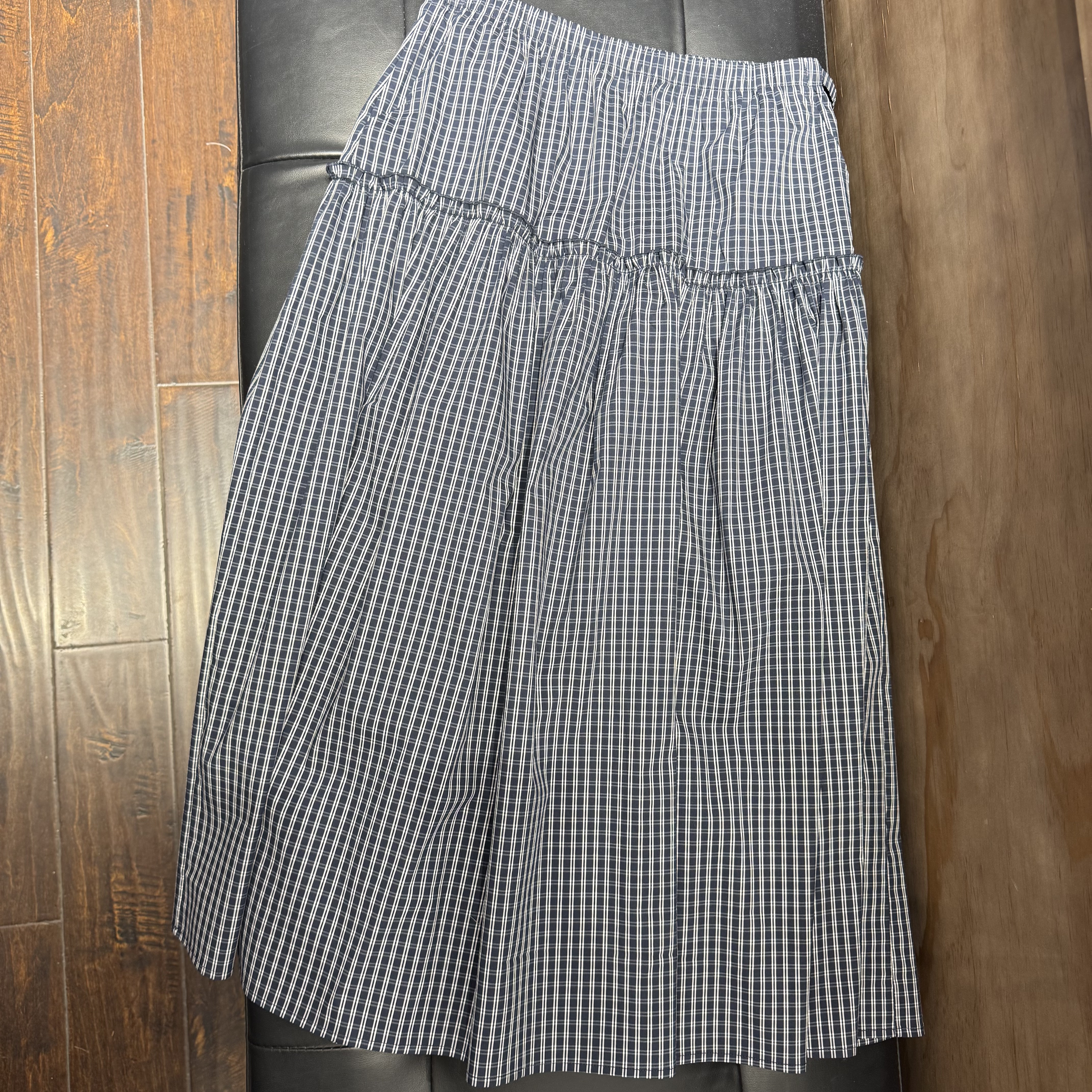 夏季女新款韩系宽松藏青白格纹显瘦遮肉休闲时尚薄款清爽休闲长裙