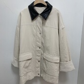 实体店精品女装 休闲百搭翻领条绒拼接PU外套棉服风衣 时尚 春季 新款