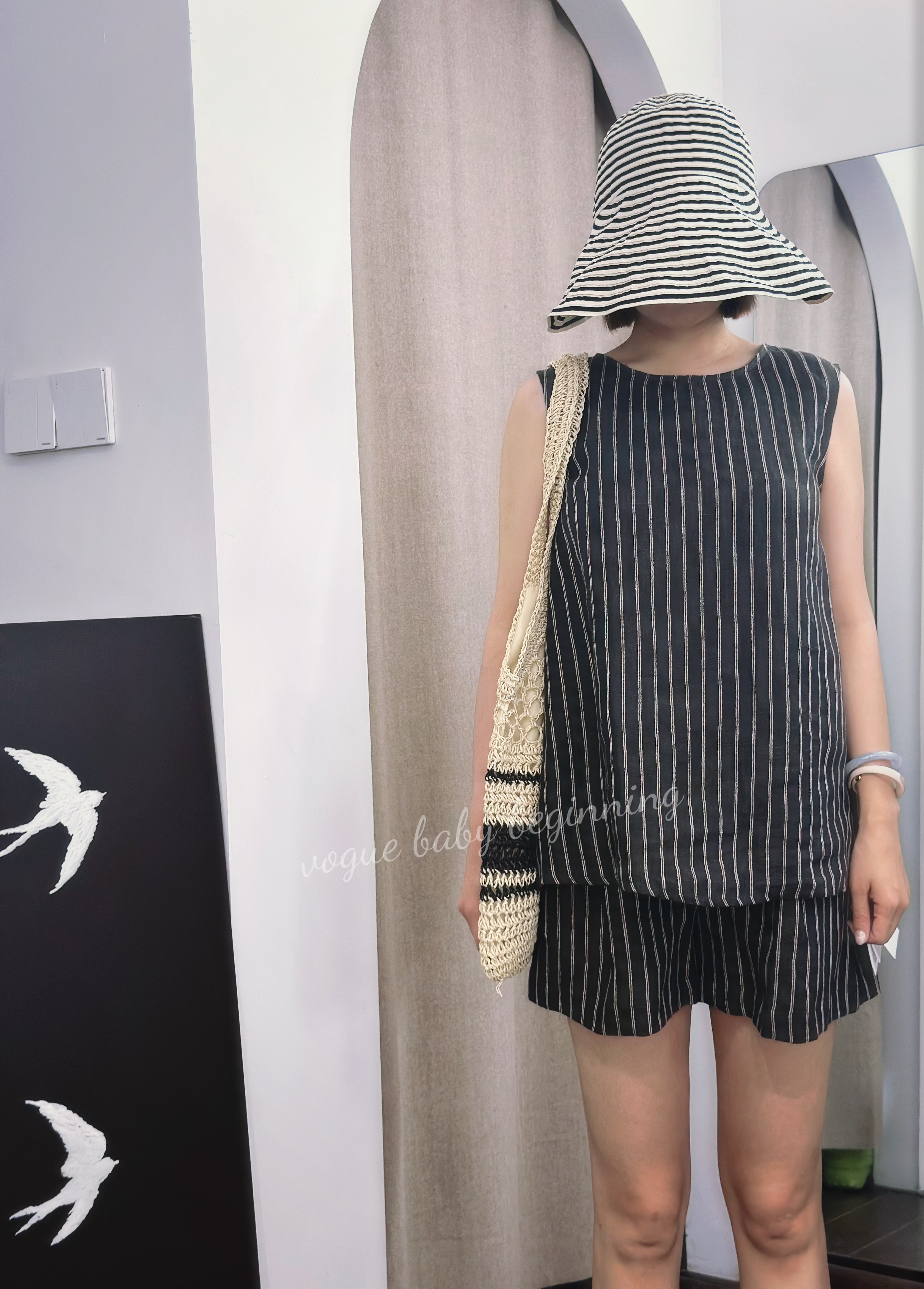 日系松弛感条纹亚麻女套装无袖上衣五分短裤透气显瘦懒人轻松穿搭