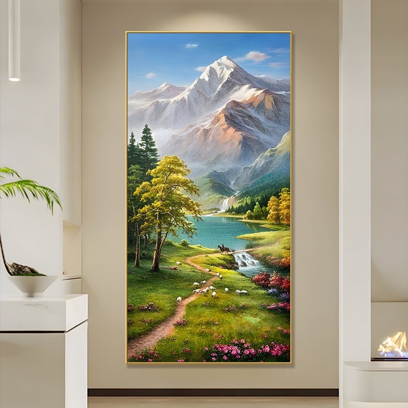 金山聚宝盆玄关挂画油画艺术山水画高级感风景走廊过道装饰正对门图片