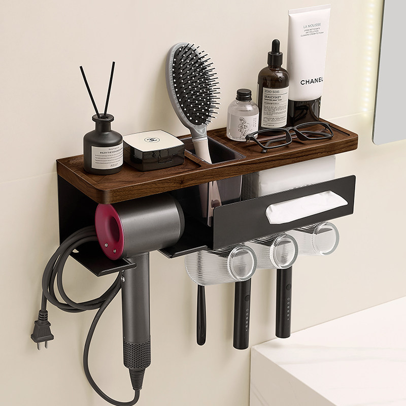 胡桃木吹风机洗脸巾置物架卫生间浴室洗漱台免打孔刷牙杯牙刷架子