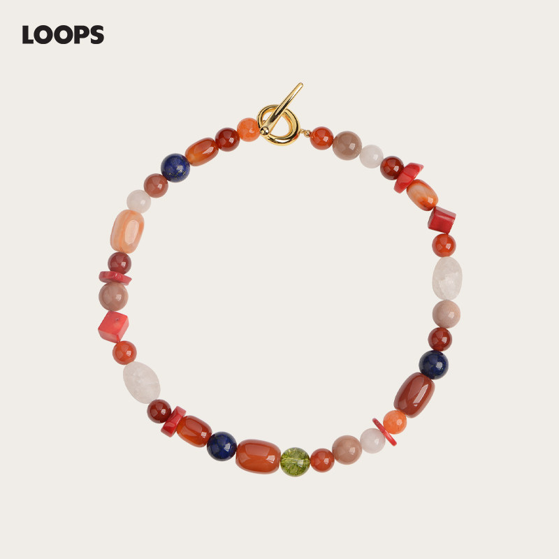 CHEZ LOOPS日落霞光红玛瑙水晶项链 原创设计小众珊瑚锁骨链串珠