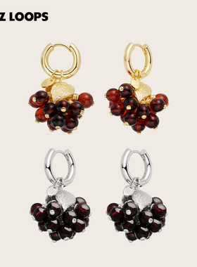 CHEZ LOOPS蜜露石榴葡萄耳环 原创石榴石血珀925银耳饰镀金新年礼