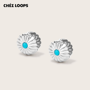 CHEZ LOOPS雏菊绿松石耳钉 原创设计绿松石生日礼物耳坠925银针