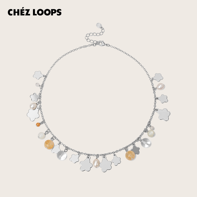 CHEZ LOOPS幸运花簇锁骨链原创设计白水晶黄东陵淡水珍珠镀金项链
