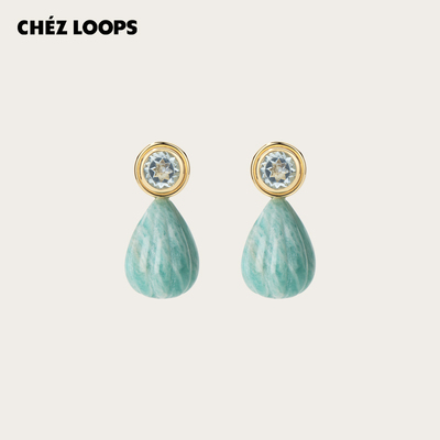 CHEZ LOOPS薄荷曼波水滴耳坠 原创天河石托帕石镀金耳环生日礼物