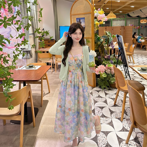两件套2026夏季新款女碎花收腰显瘦吊带连衣裙长袖开衫套装D6601