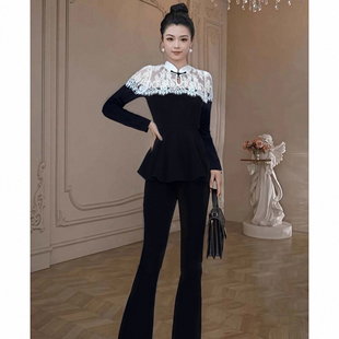 套装 两件套2025秋季 长裤 女蕾丝拼接上衣轻奢高级感修身 D3735 新款